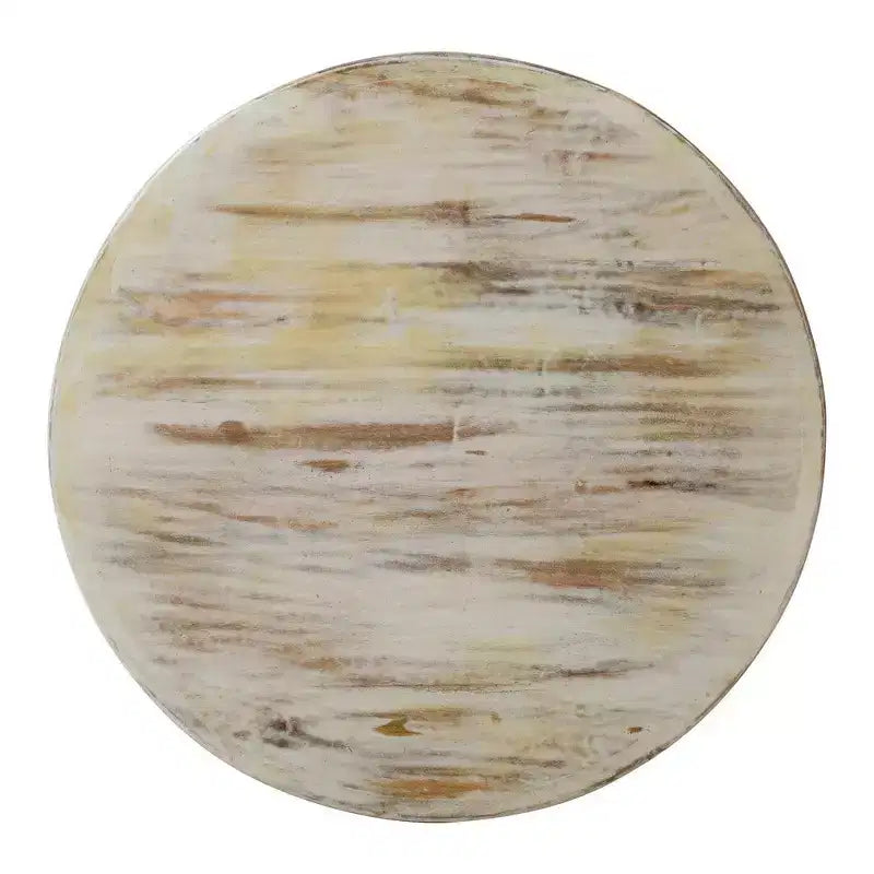 Table basse, bois de manguier artisanal, motif floral ajouré sculpté, finition blanc vieilli, 33 pouces