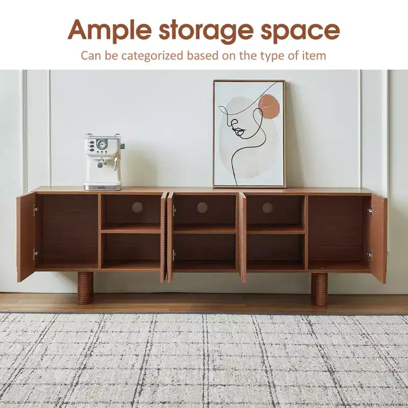 Meuble TV multimédia moderne cannelé de 180 cm de long, pour téléviseurs jusqu'à 203 cm, avec panneaux de porte encastrés et 4 placards de rangement, noyer