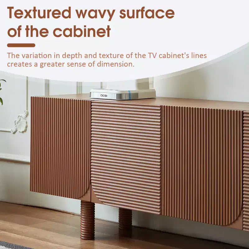 Meuble TV multimédia moderne cannelé de 180 cm de long, pour téléviseurs jusqu'à 203 cm, avec panneaux de porte encastrés et 4 placards de rangement, noyer