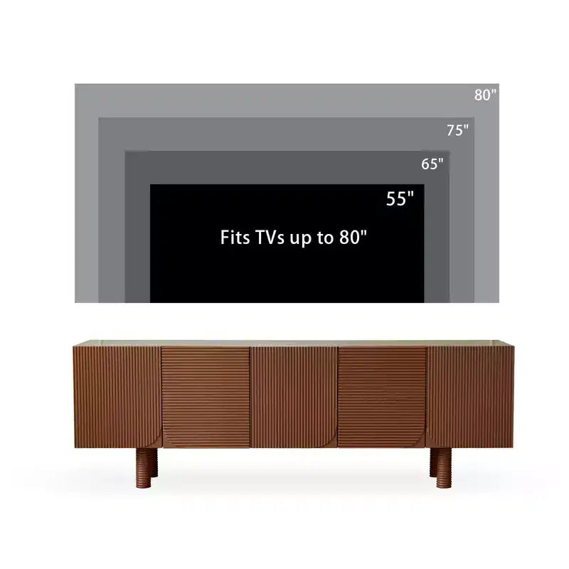 Meuble TV multimédia moderne cannelé de 180 cm de long, pour téléviseurs jusqu'à 203 cm, avec panneaux de porte encastrés et 4 placards de rangement, noyer