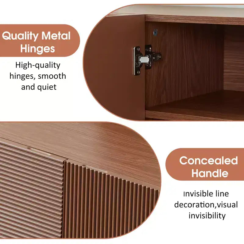 Meuble TV multimédia moderne cannelé de 180 cm de long, pour téléviseurs jusqu'à 203 cm, avec panneaux de porte encastrés et 4 placards de rangement, noyer