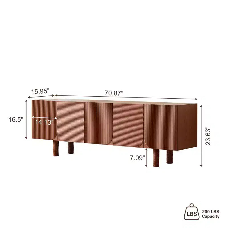 Meuble TV multimédia moderne cannelé de 180 cm de long, pour téléviseurs jusqu'à 203 cm, avec panneaux de porte encastrés et 4 placards de rangement, noyer