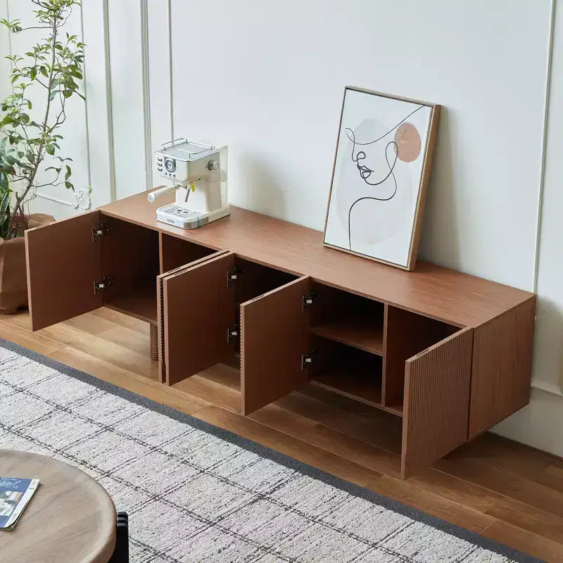 Meuble TV multimédia moderne cannelé de 180 cm de long, pour téléviseurs jusqu'à 203 cm, avec panneaux de porte encastrés et 4 placards de rangement, noyer