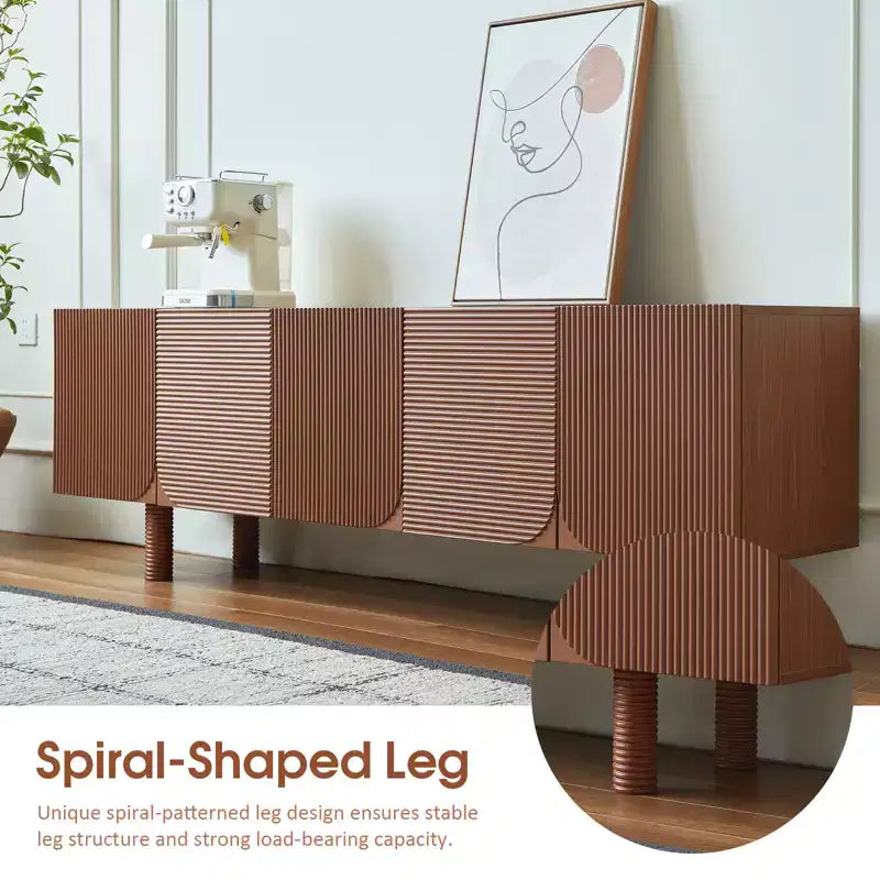 Meuble TV multimédia moderne cannelé de 180 cm de long, pour téléviseurs jusqu'à 203 cm, avec panneaux de porte encastrés et 4 placards de rangement, noyer