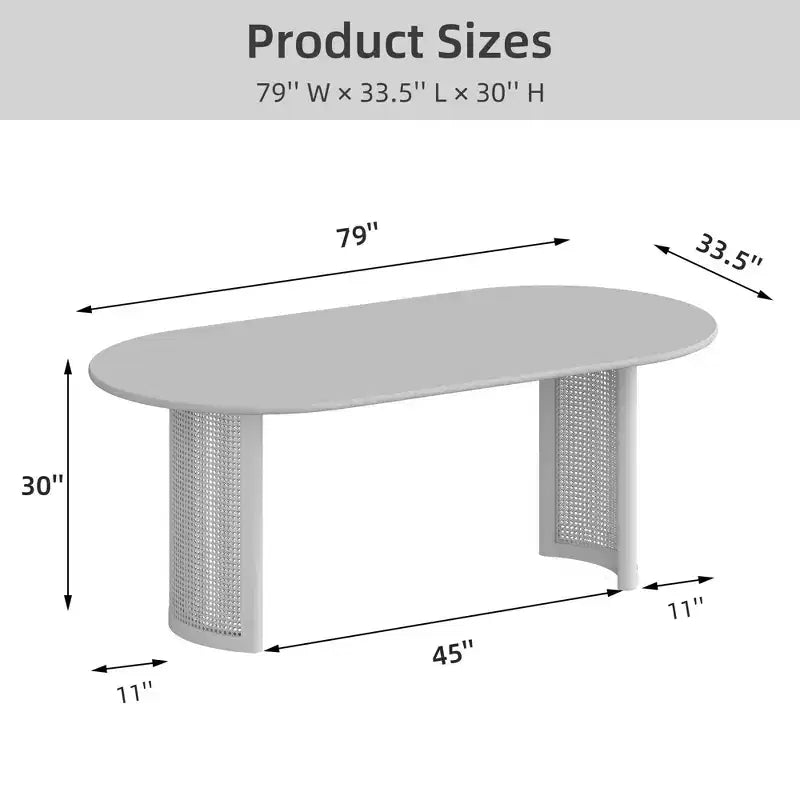 Table de salle à manger ovale 79 po pour 6 à 8 personnes avec plateau à bord incurvé et base en rotin tressé, table de cuisine moderne de style campagnard pour salon et salle à manger, noir