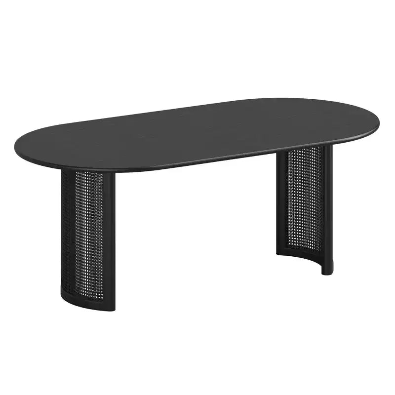Table de salle à manger ovale 79 po pour 6 à 8 personnes avec plateau à bord incurvé et base en rotin tressé, table de cuisine moderne de style campagnard pour salon et salle à manger, noir