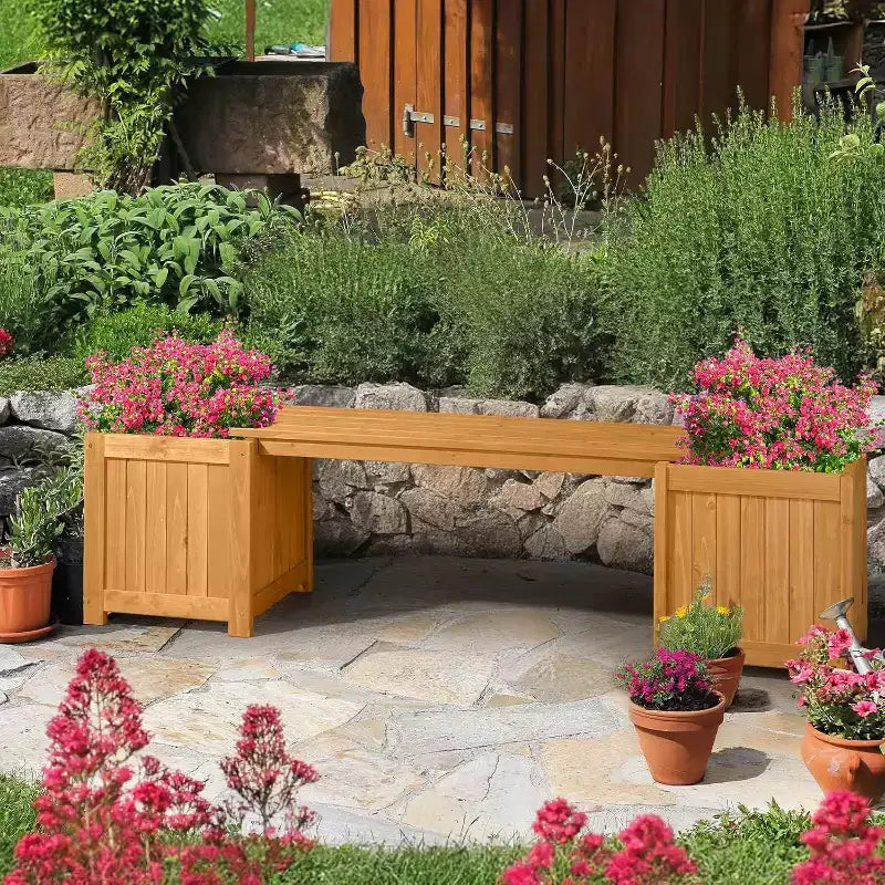 Banc d'extérieur en bois VINGLI avec jardinières, banc de porche 2-en-1 toutes saisons, lit de jardin surélevé ouvert, pour balcon patio (2 bacs)