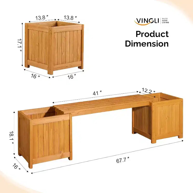 Banc d'extérieur en bois VINGLI avec jardinières, banc de porche 2-en-1 toutes saisons, lit de jardin surélevé ouvert, pour balcon patio (2 bacs)