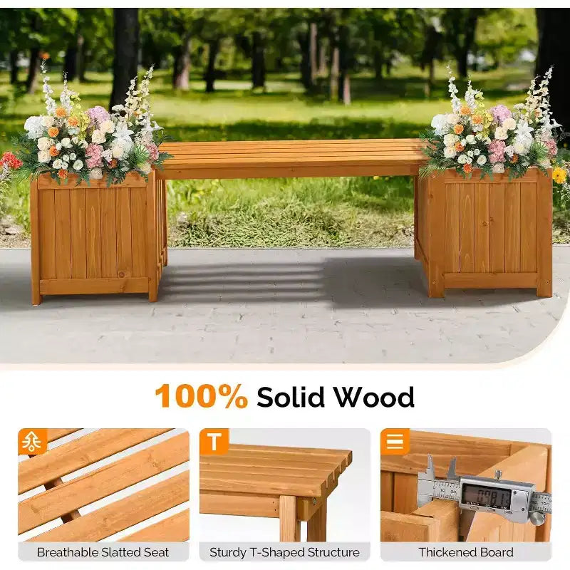 Banc d'extérieur en bois VINGLI avec jardinières, banc de porche 2-en-1 toutes saisons, lit de jardin surélevé ouvert, pour balcon patio (2 bacs)