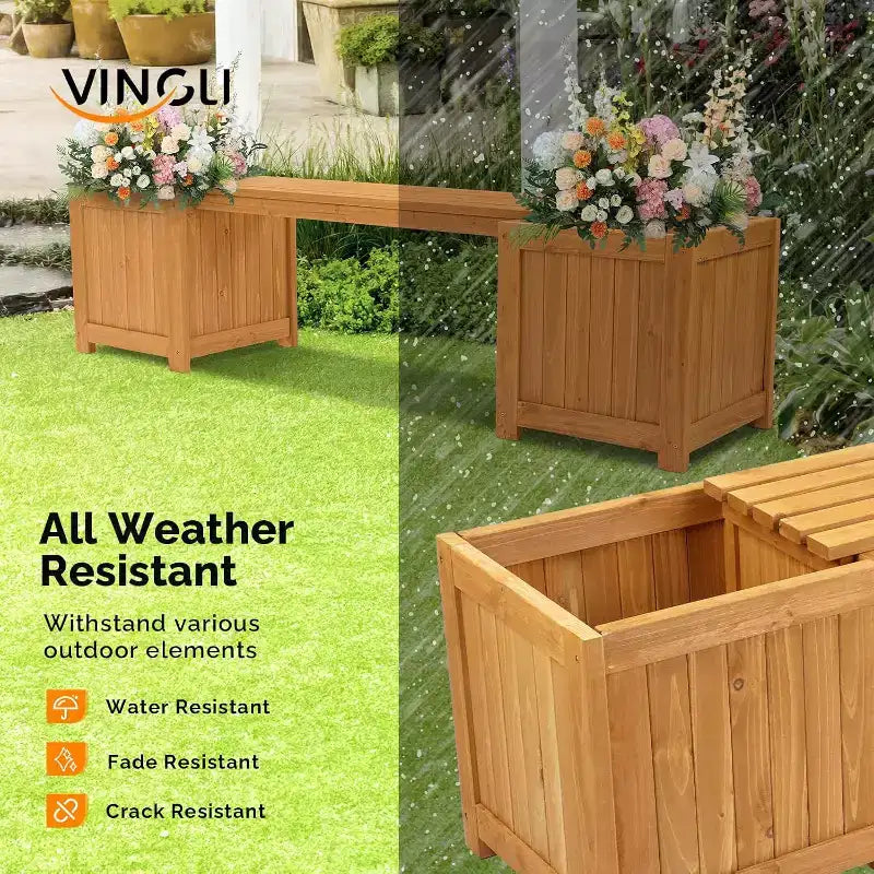 Banc d'extérieur en bois VINGLI avec jardinières, banc de porche 2-en-1 toutes saisons, lit de jardin surélevé ouvert, pour balcon patio (2 bacs)