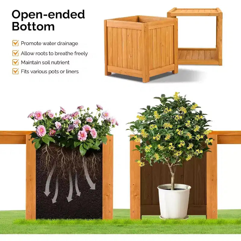 Banc d'extérieur en bois VINGLI avec jardinières, banc de porche 2-en-1 toutes saisons, lit de jardin surélevé ouvert, pour balcon patio (2 bacs)