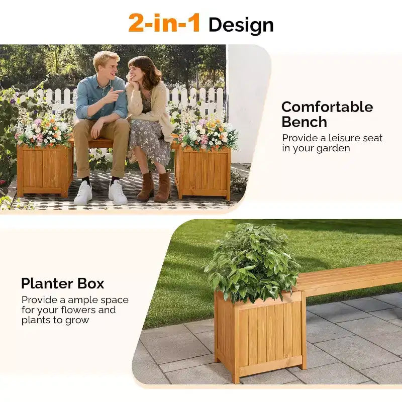 Banc d'extérieur en bois VINGLI avec jardinières, banc de porche 2-en-1 toutes saisons, lit de jardin surélevé ouvert, pour balcon patio (2 bacs)