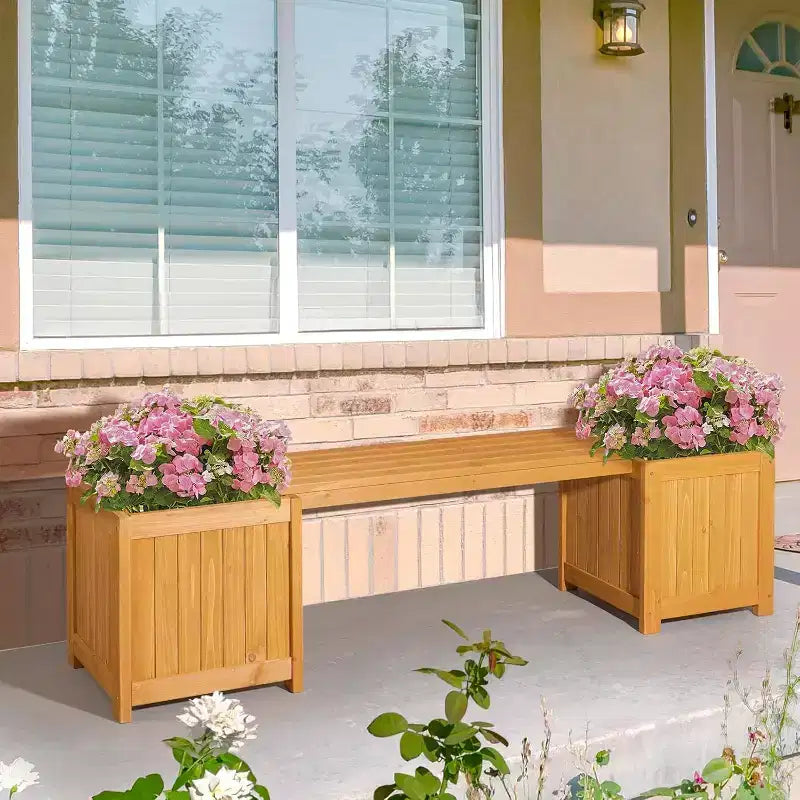 Banc d'extérieur en bois VINGLI avec jardinières, banc de porche 2-en-1 toutes saisons, lit de jardin surélevé ouvert, pour balcon patio (2 bacs)