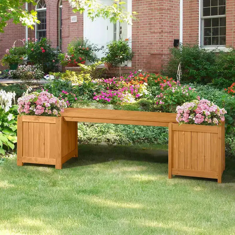 Banc d'extérieur en bois VINGLI avec jardinières, banc de porche 2-en-1 toutes saisons, lit de jardin surélevé ouvert, pour balcon patio (2 bacs)