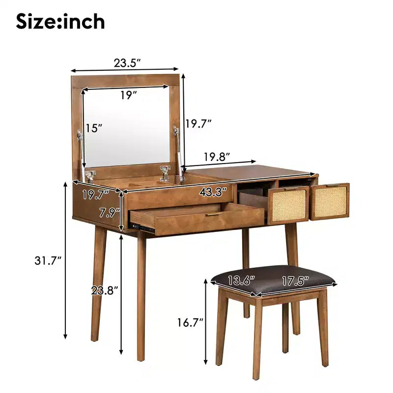 Coiffeuse avec tabouret rembourré, coiffeuse en bois avec miroir rabattable et 3 grands tiroirs