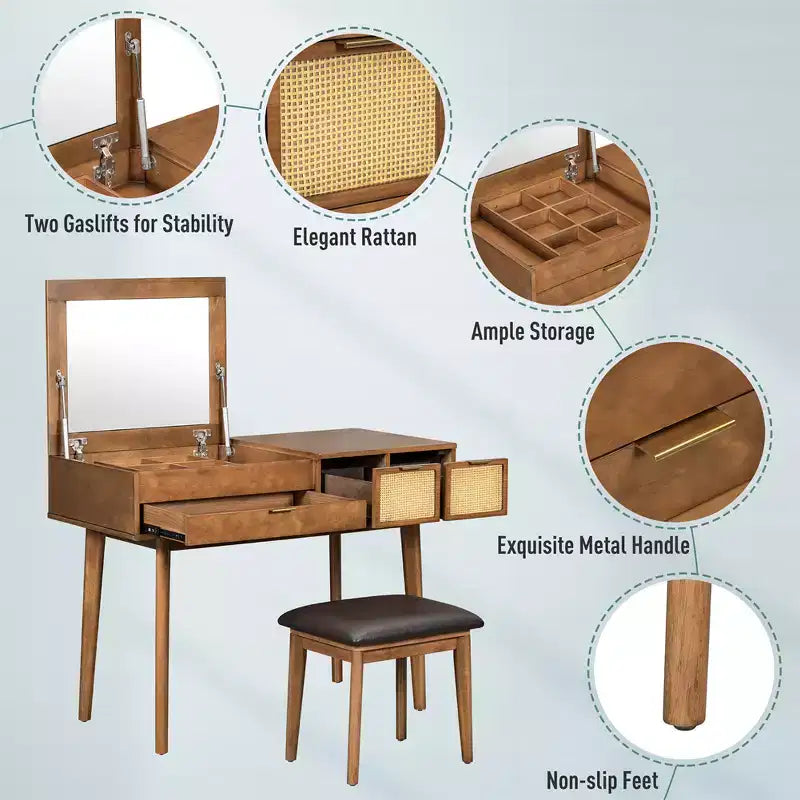 Coiffeuse avec tabouret rembourré, coiffeuse en bois avec miroir rabattable et 3 grands tiroirs