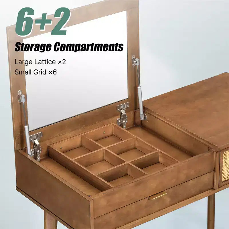 Coiffeuse avec tabouret rembourré, coiffeuse en bois avec miroir rabattable et 3 grands tiroirs