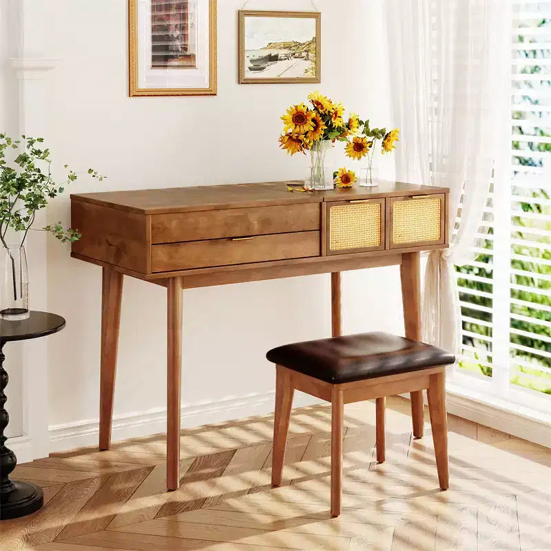 Coiffeuse avec tabouret rembourré, coiffeuse en bois avec miroir rabattable et 3 grands tiroirs