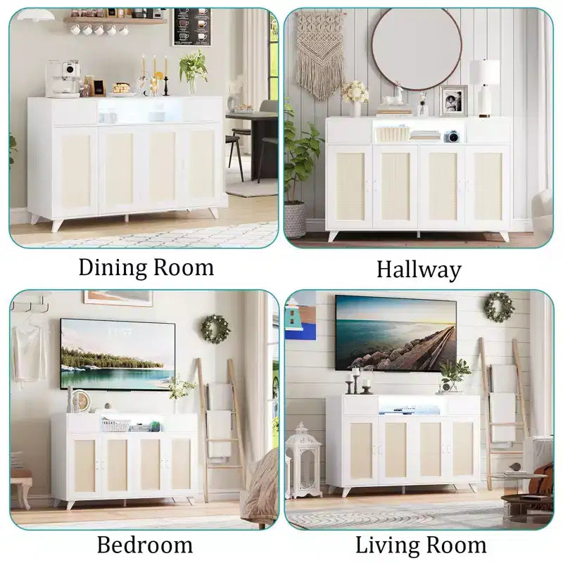 Meuble bas en rotin à 2 tiroirs avec rangement, buffet de style bohème avec cadre en bois pour salon, salle à manger ou couloir