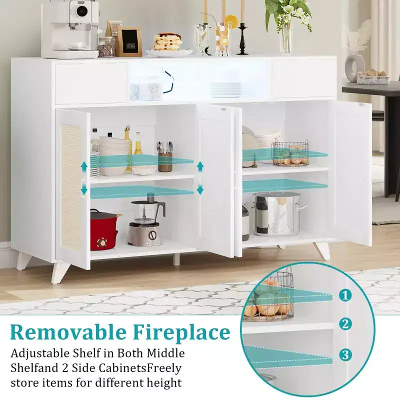 Meuble bas en rotin à 2 tiroirs avec rangement, buffet de style bohème avec cadre en bois pour salon, salle à manger ou couloir