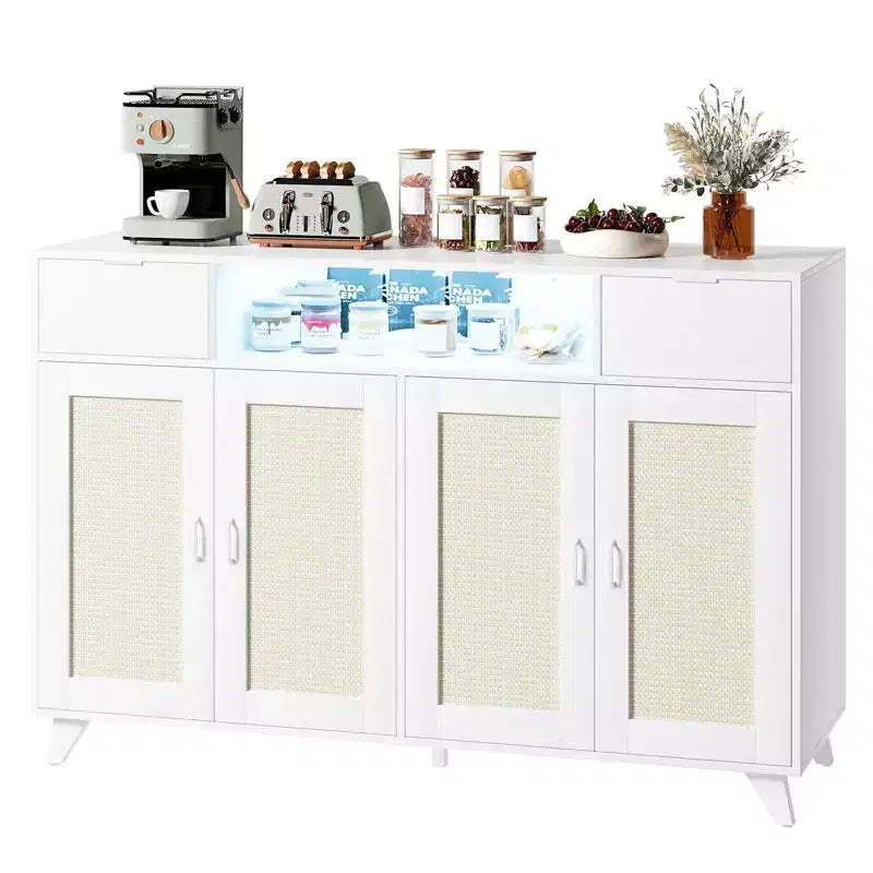 Meuble bas en rotin à 2 tiroirs avec rangement, buffet de style bohème avec cadre en bois pour salon, salle à manger ou couloir