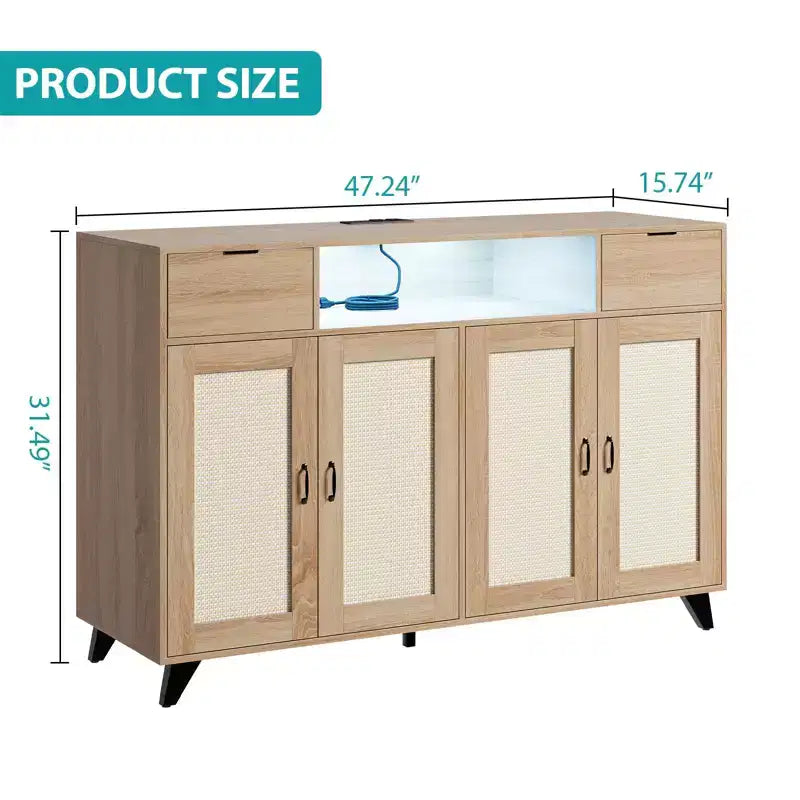 Meuble bas en rotin à 2 tiroirs avec rangement, buffet de style bohème avec cadre en bois pour salon, salle à manger ou couloir