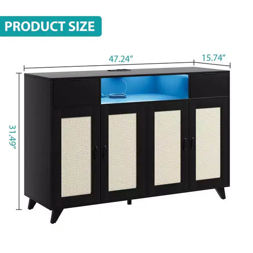 Meuble bas en rotin à 2 tiroirs avec rangement, buffet de style bohème avec cadre en bois pour salon, salle à manger ou couloir