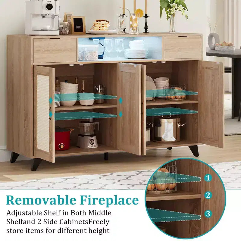 Meuble bas en rotin à 2 tiroirs avec rangement, buffet de style bohème avec cadre en bois pour salon, salle à manger ou couloir