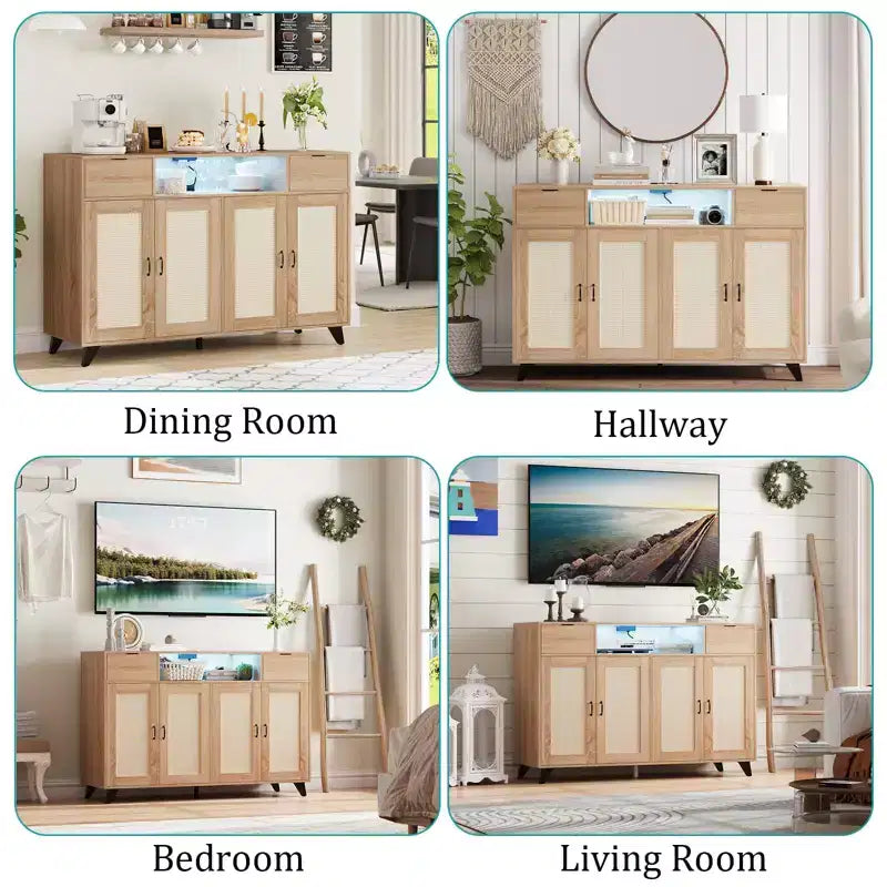 Meuble bas en rotin à 2 tiroirs avec rangement, buffet de style bohème avec cadre en bois pour salon, salle à manger ou couloir