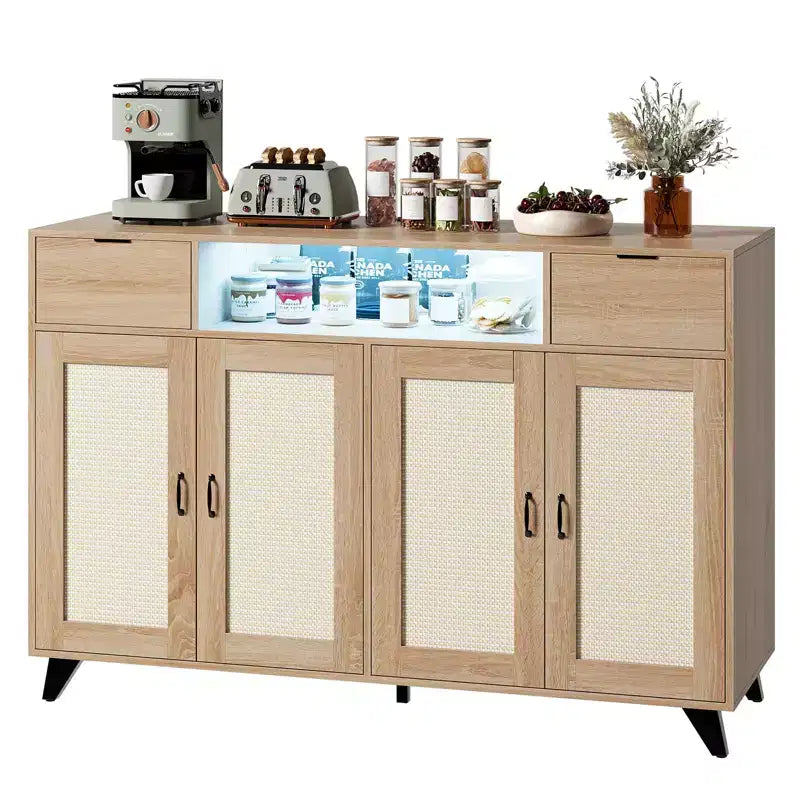 Meuble bas en rotin à 2 tiroirs avec rangement, buffet de style bohème avec cadre en bois pour salon, salle à manger ou couloir