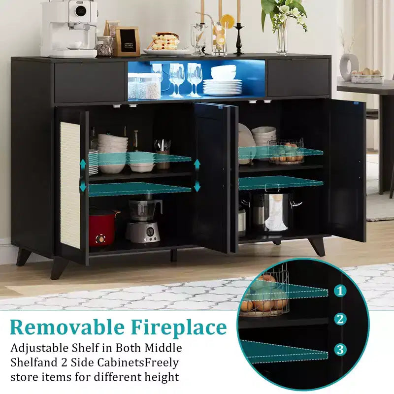 Meuble bas en rotin à 2 tiroirs avec rangement, buffet de style bohème avec cadre en bois pour salon, salle à manger ou couloir
