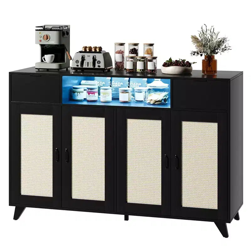 Meuble bas en rotin à 2 tiroirs avec rangement, buffet de style bohème avec cadre en bois pour salon, salle à manger ou couloir
