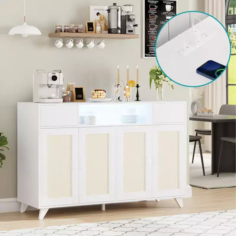 Meuble bas en rotin à 2 tiroirs avec rangement, buffet de style bohème avec cadre en bois pour salon, salle à manger ou couloir