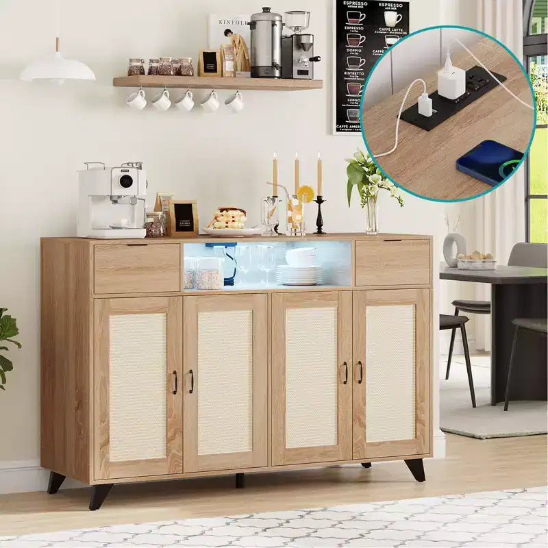 Meuble bas en rotin à 2 tiroirs avec rangement, buffet de style bohème avec cadre en bois pour salon, salle à manger ou couloir