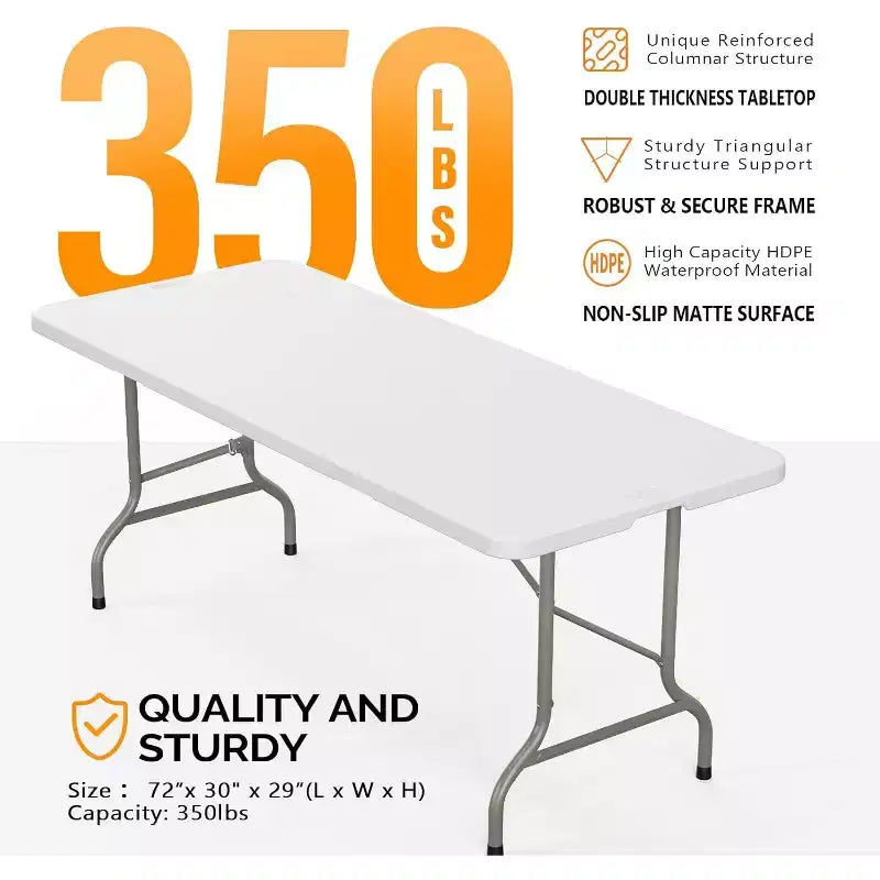 Table pliante 6 pieds, tables longues en plastique blanc portables et pliables pour fêtes, camping, banquets, bricolage, repas, mariages, usage extérieur et intérieur