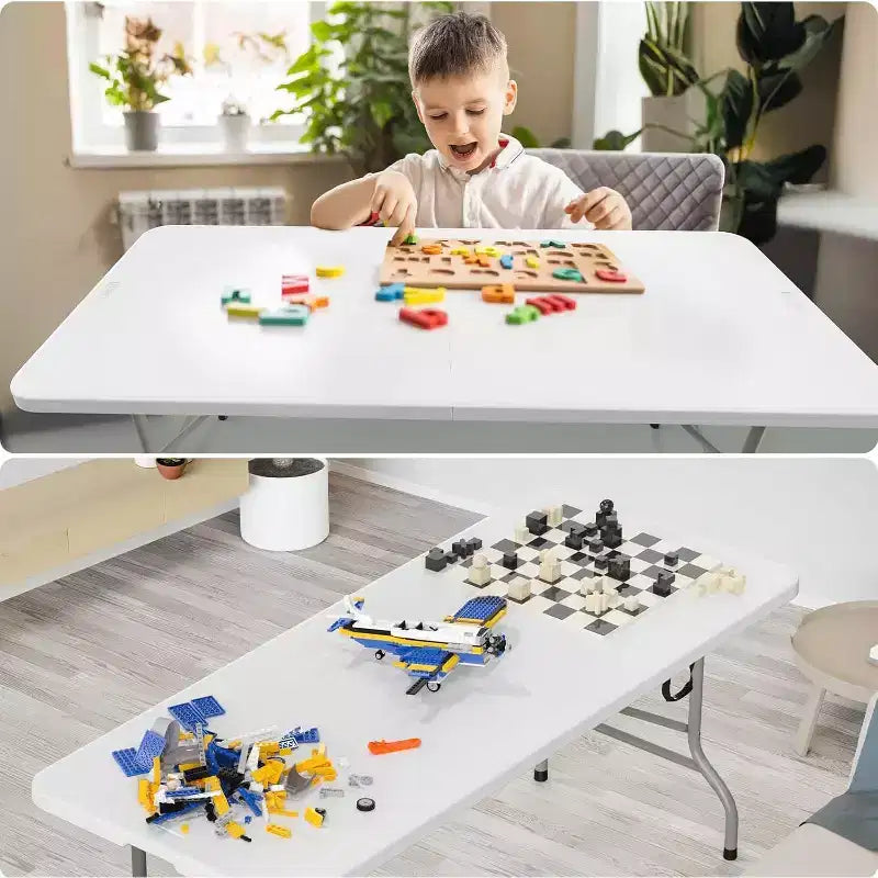 Table pliante 6 pieds, tables longues en plastique blanc portables et pliables pour fêtes, camping, banquets, bricolage, repas, mariages, usage extérieur et intérieur