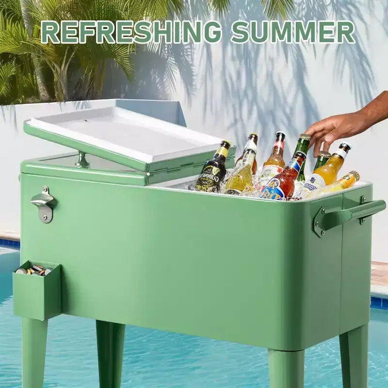 Glacière roulante 80 pintes, bar portable avec bac de récupération, plateau de rangement inférieur pour patio, fête, barbecue, plage, vert