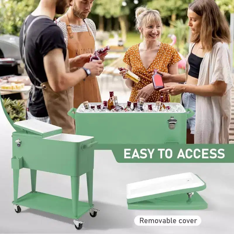 Glacière roulante 80 pintes, bar portable avec bac de récupération, plateau de rangement inférieur pour patio, fête, barbecue, plage, vert