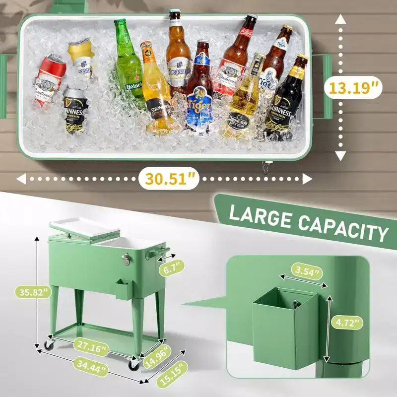 Glacière roulante 80 pintes, bar portable avec bac de récupération, plateau de rangement inférieur pour patio, fête, barbecue, plage, vert