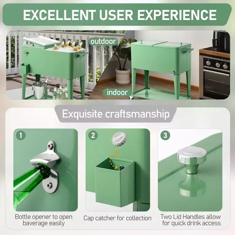 Glacière roulante 80 pintes, bar portable avec bac de récupération, plateau de rangement inférieur pour patio, fête, barbecue, plage, vert