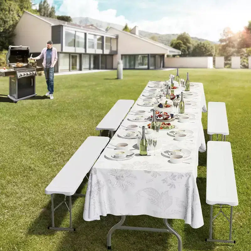 VINGLI Banc pliant en plastique de 1,8 m, portable, pour pique-nique, fête, camping, salle à manger, jardin, football, plateau en polyéthylène haute densité lisse, lot de 2, blanc