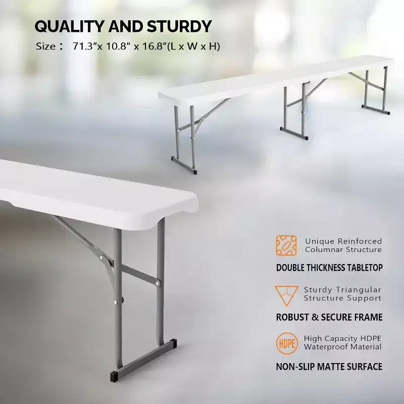 VINGLI Banc pliant en plastique de 1,8 m, portable, pour pique-nique, fête, camping, salle à manger, jardin, football, plateau en polyéthylène haute densité lisse, lot de 2, blanc