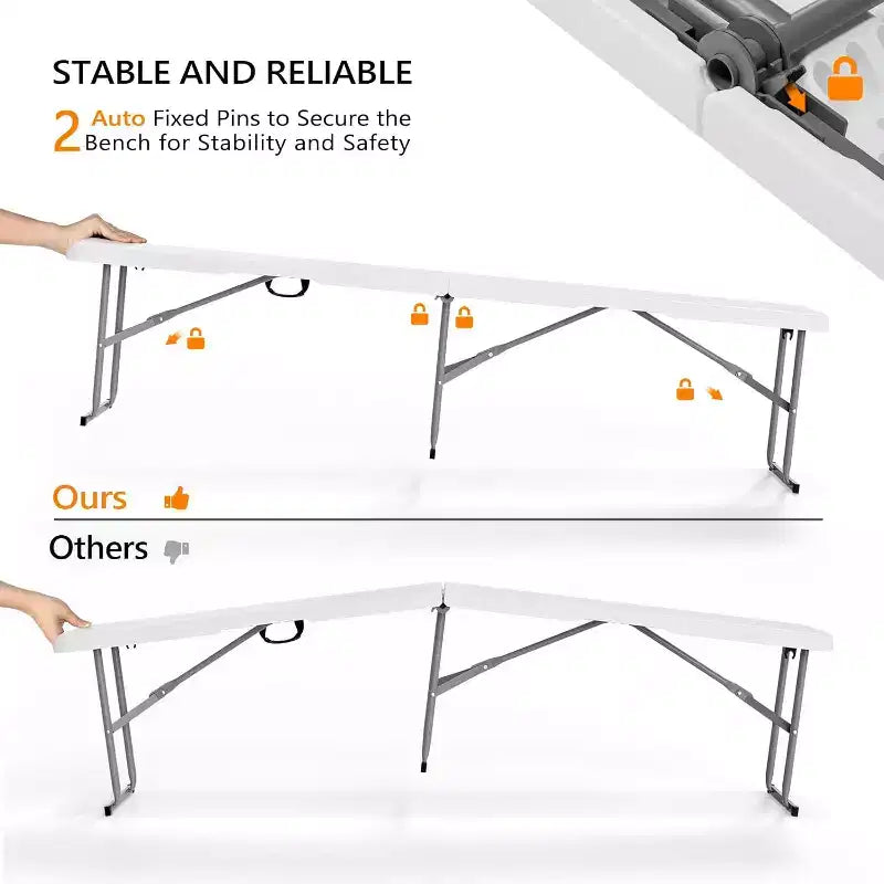 VINGLI Banc pliant en plastique de 1,8 m, portable, pour pique-nique, fête, camping, salle à manger, jardin, football, plateau en polyéthylène haute densité lisse, lot de 2, blanc