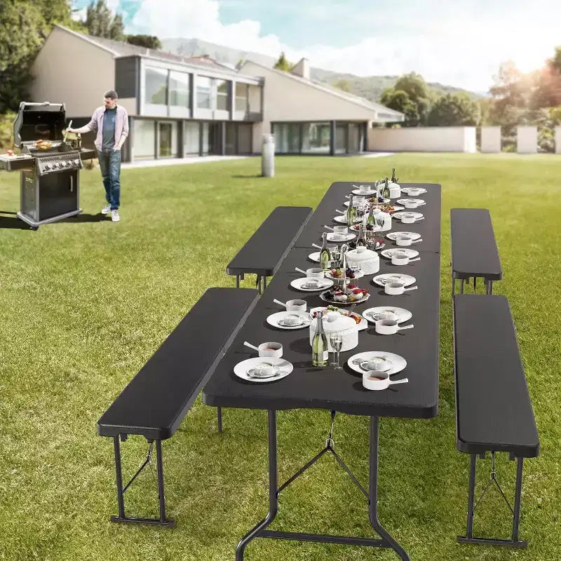VINGLI Banc pliant en plastique de 1,8 m, portable pour pique-nique, siège de salle à manger, jardin, football, plateau en PEHD à motif d'arbre, 1 pièce, noir