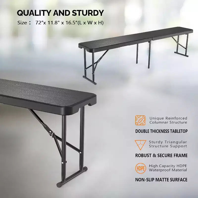 VINGLI Banc pliant en plastique de 1,8 m, portable pour pique-nique, siège de salle à manger, jardin, football, plateau en PEHD à motif d'arbre, 1 pièce, noir