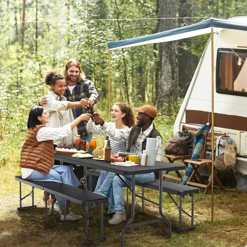 VINGLI Banc pliant en plastique de 1,8 m, portable pour pique-nique, siège de salle à manger, jardin, football, plateau en PEHD à motif d'arbre, 1 pièce, noir