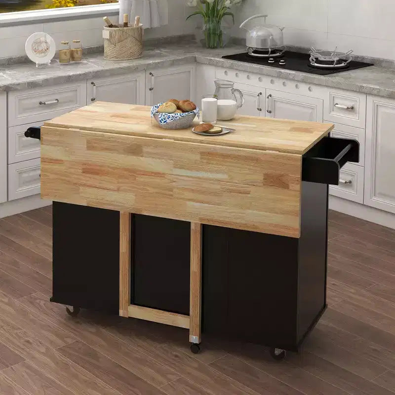Îlot de cuisine avec plateau extensible en bois massif, chariot de cuisine roulant avec 2 portes et 3 tiroirs, organiseur de comptoir pour la maison, noir