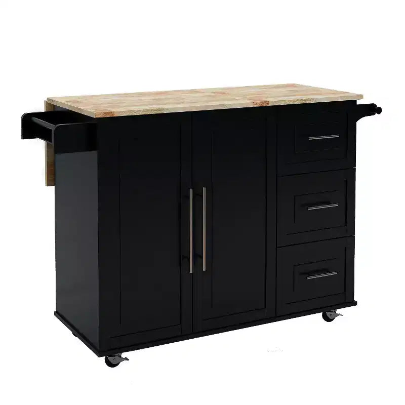 Îlot de cuisine avec plateau extensible en bois massif, chariot de cuisine roulant avec 2 portes et 3 tiroirs, organiseur de comptoir pour la maison, noir