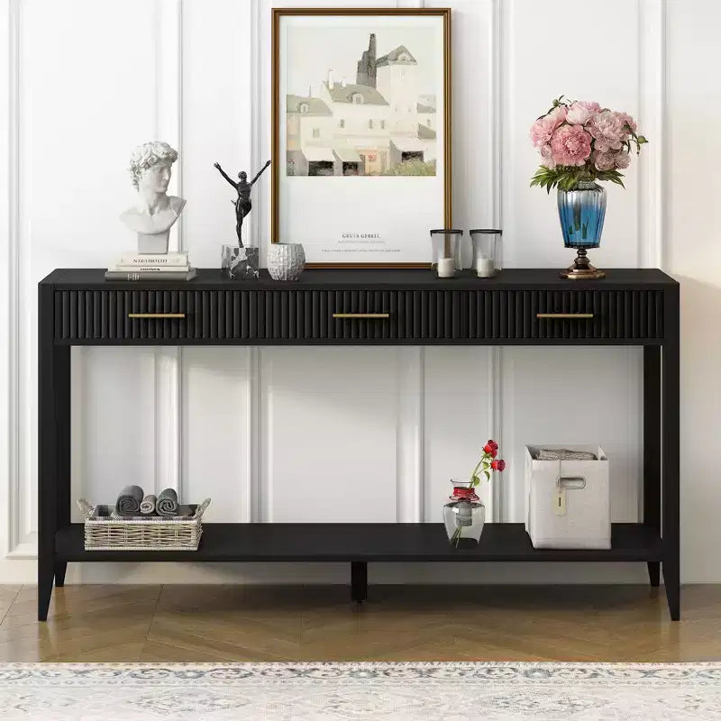 Console de 60 pouces avec 3 tiroirs ondulés, table d'entrée moderne avec poignées métalliques et étagère de rangement
