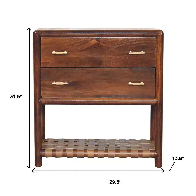 Table de chevet à deux tiroirs en bois massif marron 32 avec étagère en cuir